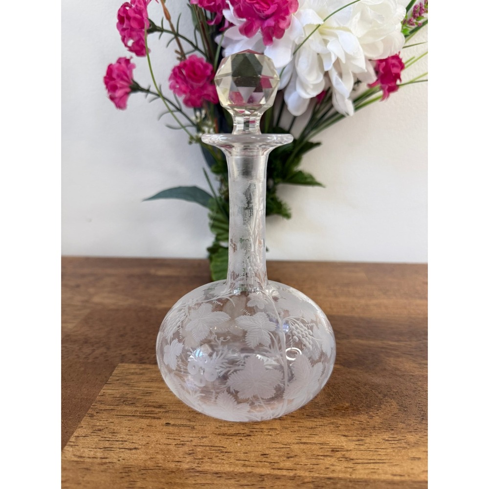 Vintage Bohemian Glass Decanter Wheel Cut Grapes Vines Faceted Stopper